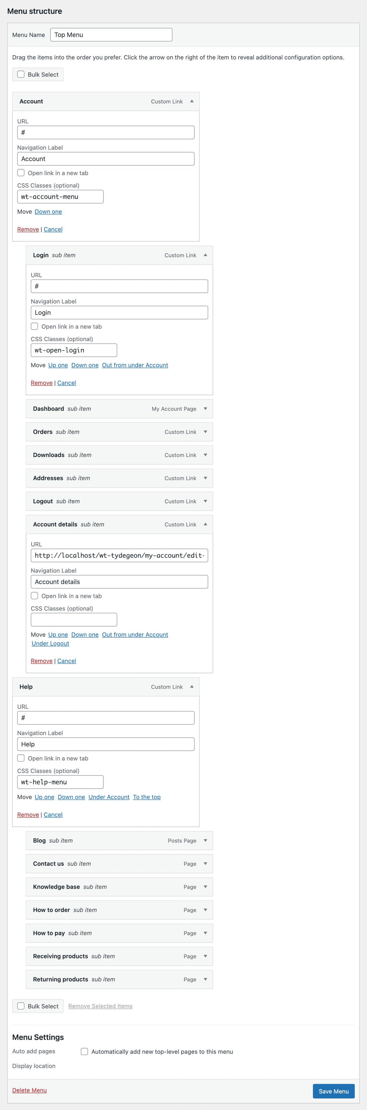 tydegeon demo top menu structure